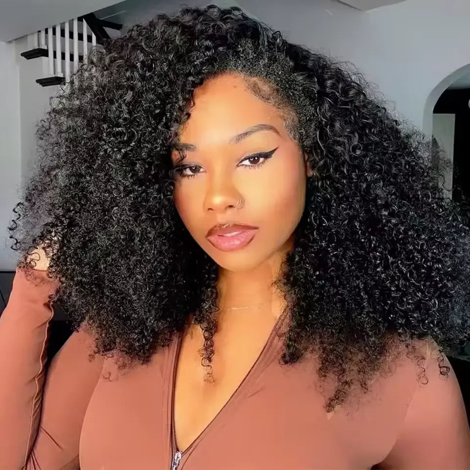 180% Kinky Curly Half Wig Human Hair 3 IN 1 Seamless Flip Over Half Wigs Human Hair Glueless Wear and Go Elastic Drawstr