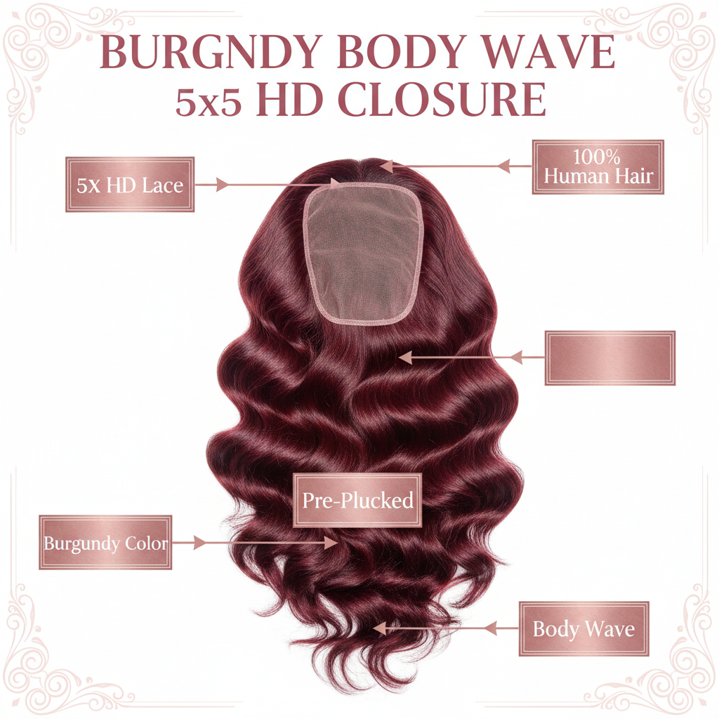 Burgundy Body Wave 5x5 HD Closure - Info