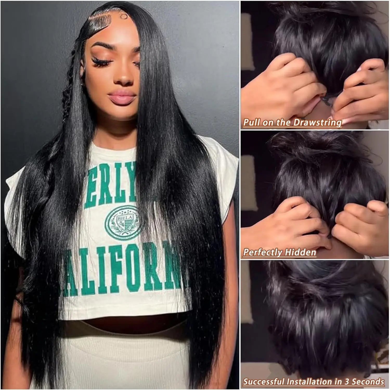 Bling Hair Bone Straight V Part Human Hair Wigs Glueless Wigs Human Hair Ready to Wear 3 IN 1 Wig Drawstring Clip In V P
