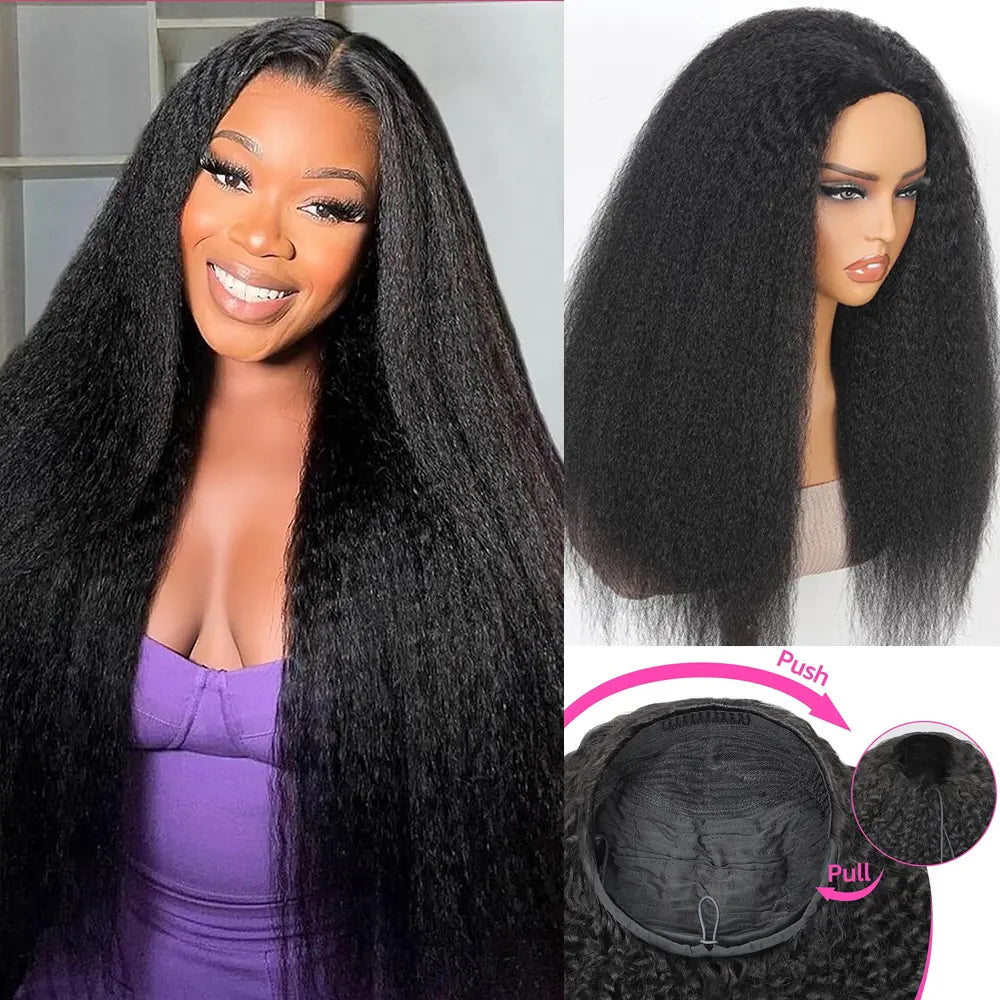 Bling Hair 14~32" Kinky Straight Half Wig Human Hair Glueless Wig Ready to Wear 3 IN 1 Yaki Straight Half Wig With Elast