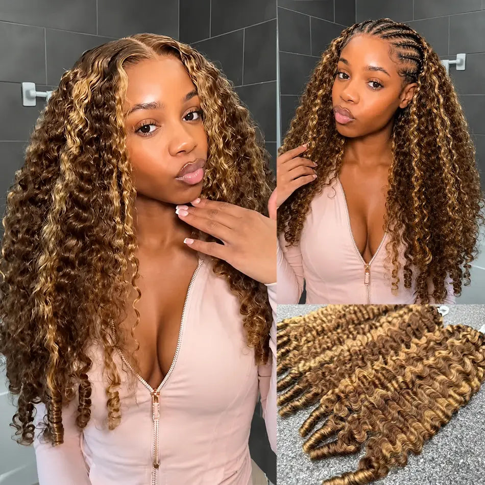 Bling Hair Highlight Colored Feather Crochet Hair 4/27 Colored Burmese Curly Pre Looped Pre Separated Knotless Crochet H