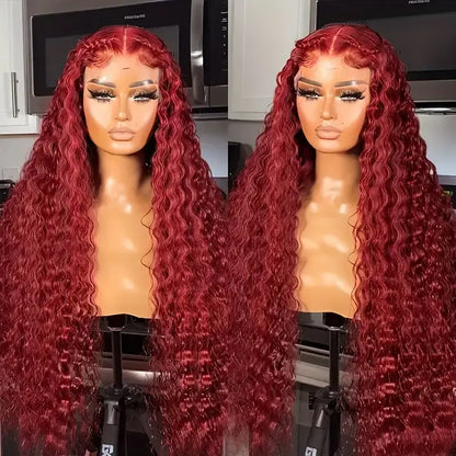 Bling Hair Burgundy 99j Deep Wave Frontal Wig 13x4 13x6 Red Colored Curly Human Hair Wigs 180 Density Hd Lace Frontal Hu