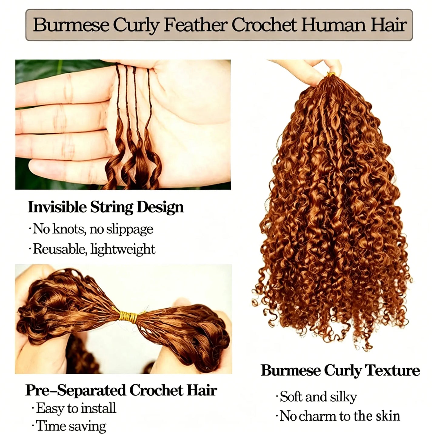 Kinky Curly Dark Ginger Orange Crochet Hair For Women Human Hair Pre-looped Beach Curl Crochet Braids Hair Deep Wave Bra