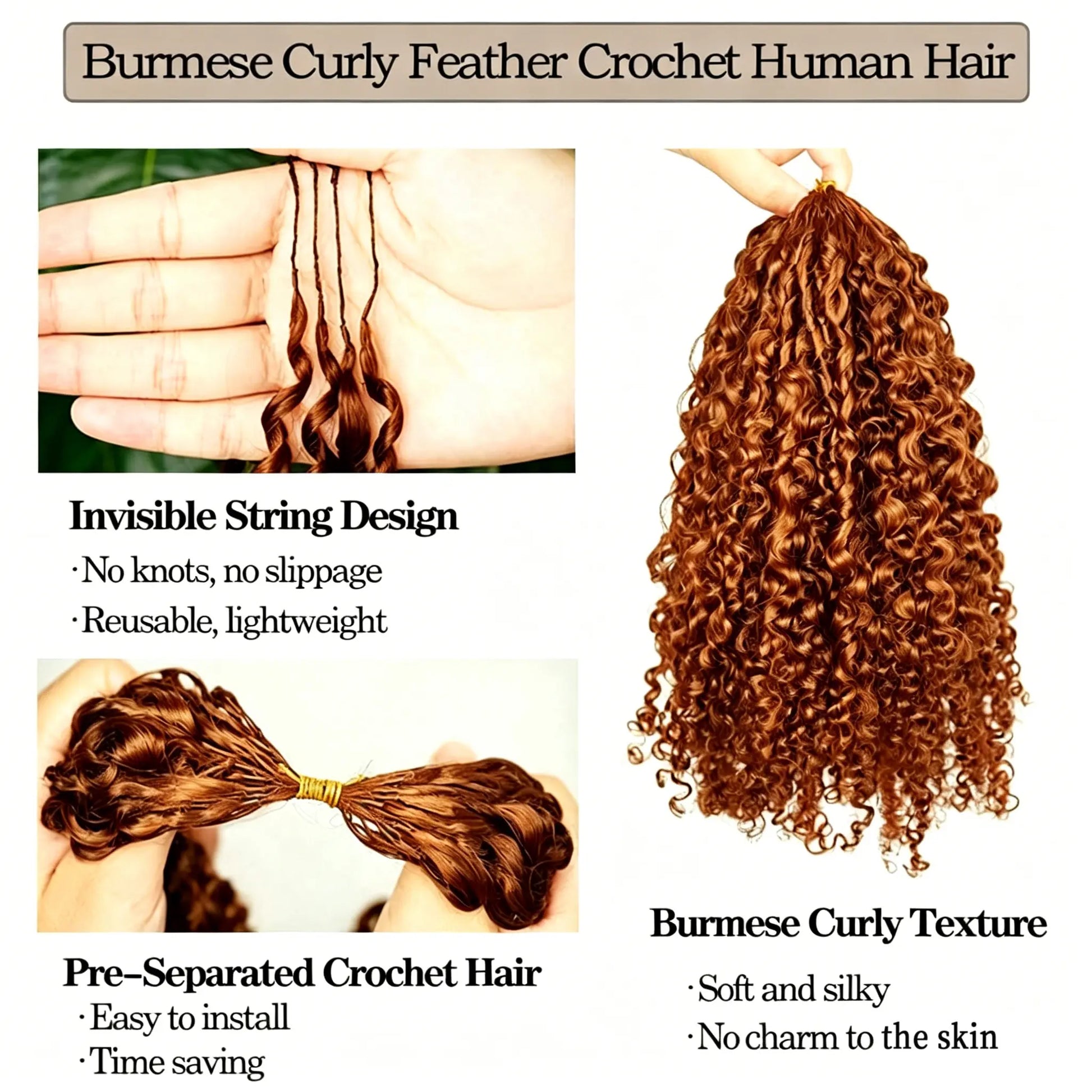 Curly Feather Crochet Human Hair For Braiding Reddish Brown Kinky Curly Invisible Knot PreSeparated Knotless Crochet Hai