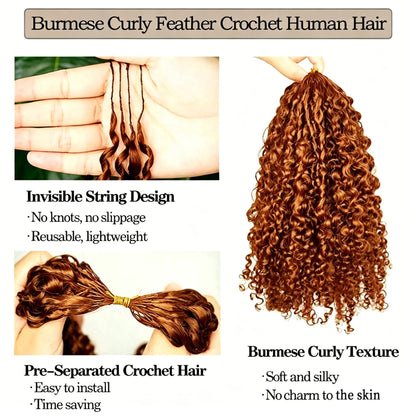 Curly Feather Crochet Human Hair For Braiding Reddish Brown Kinky Curly Invisible Knot PreSeparated Knotless Crochet Hai
