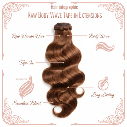Raw Body Wave 100% Human Hair Tape-In Extensions - Info
