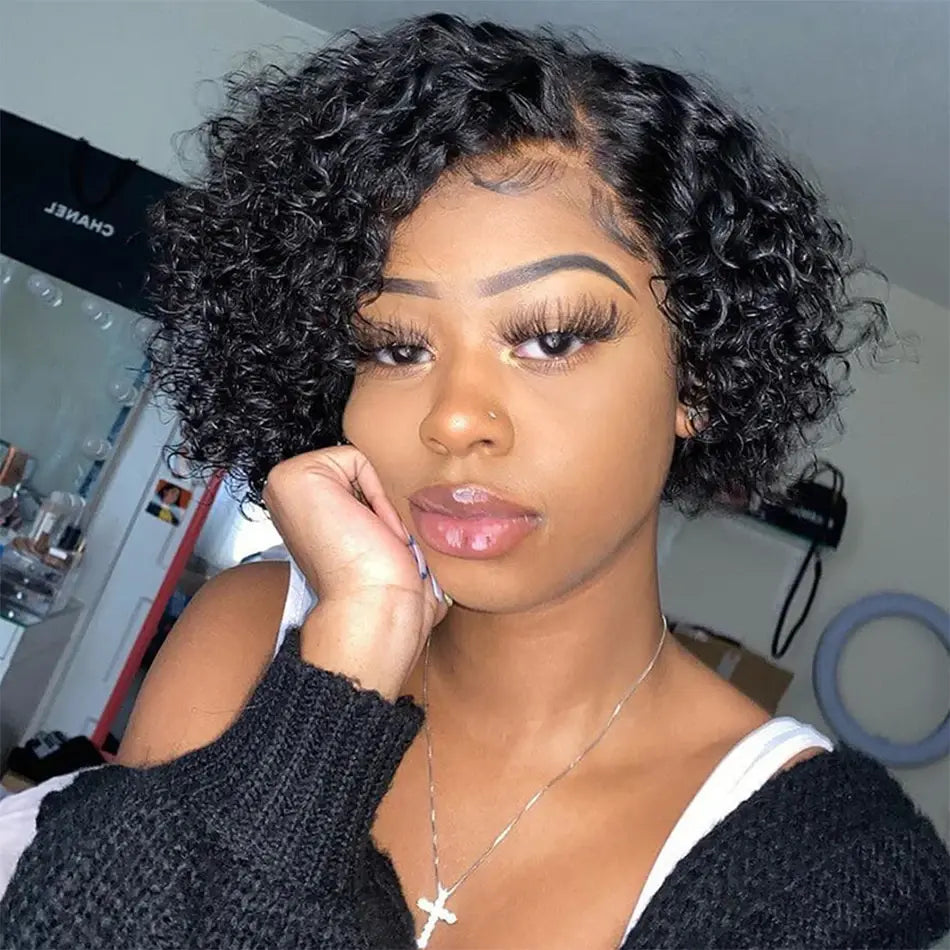 Bling Hair T Part Short Bob Wig Pixie Cut Wig Curly Human Hair Wigs For Women 13x4x1 Lace Front Brazilian Jerry Curly La