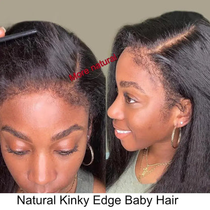 Kinky Straight Glueless 360 Lace Front Wigs Invisible Strap Human Hair 180Density Pre-cut 360 Full Transparent Lace  Wig
