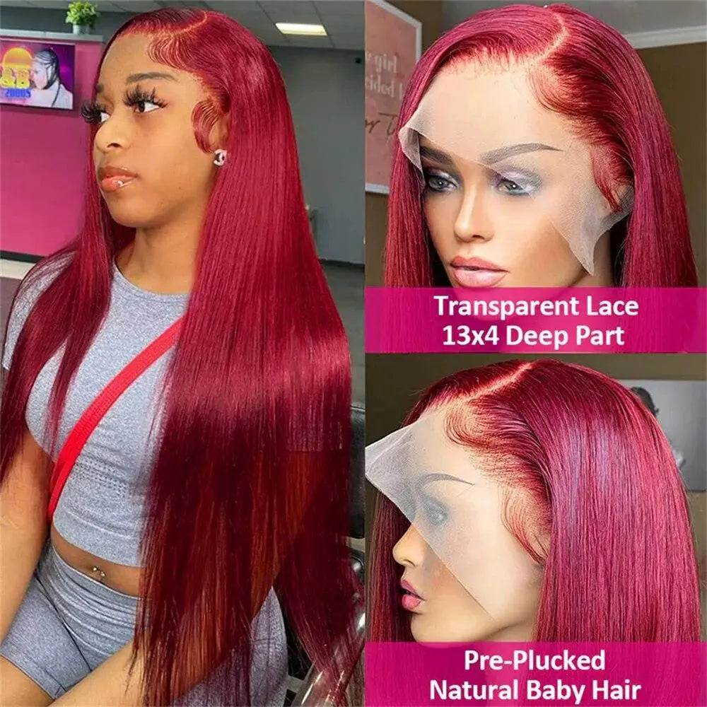 Bling Hair Straight Hair 99J Burgundy 13x6 Lace Frontal Human Hair Wigs Brazilian Red Colored 30 32 Inch 13x4 Straight L