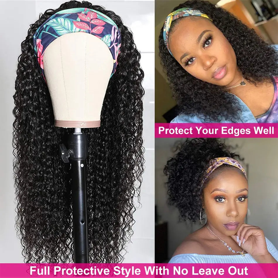 Kinky Curly Headband Wigs Human Hair Wear and Go Glueless Wigs Full Machine Made Deep Curly Headband Wig For Black Women