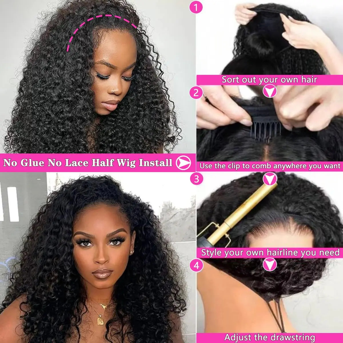 Bling Hair Vietnamese Burmese Curly Half Glueless Wigs Clip Ins Flip Over 3 IN 1 Burmese Curly Half Wig With Drawstring 