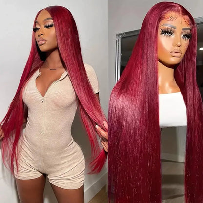 Bling Hair Straight Hair 99J Burgundy 13x6 Lace Frontal Human Hair Wigs Brazilian Red Colored 30 32 Inch 13x4 Straight L