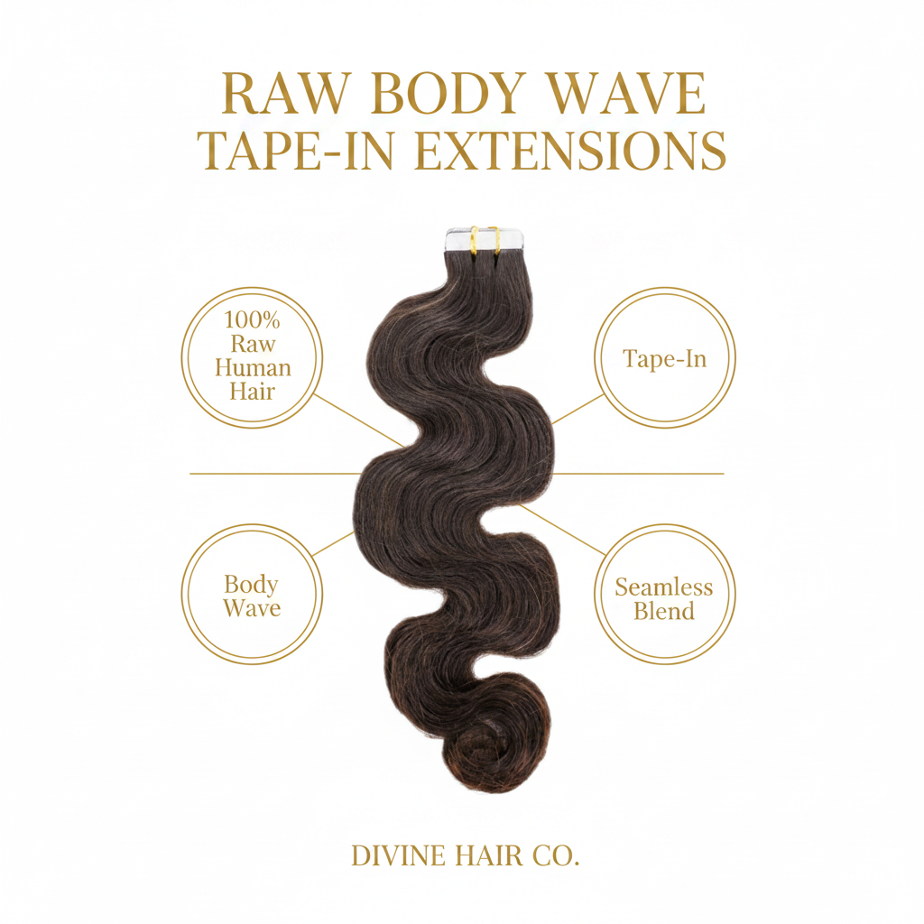 Raw Body Wave 100% Human Hair Tape-In Extensions - Infographic