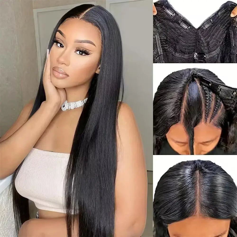 Bling Hair Bone Straight V Part Human Hair Wigs Glueless Wigs Human Hair Ready to Wear 3 IN 1 Wig Drawstring Clip In V P