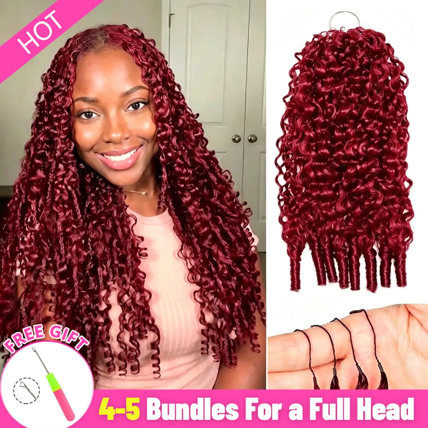 Bling Hair Burgundy Color Burmese Curly Feather Hair Extensions Knotless Pre-Separated Crochet Hair For Daily Use 100% H