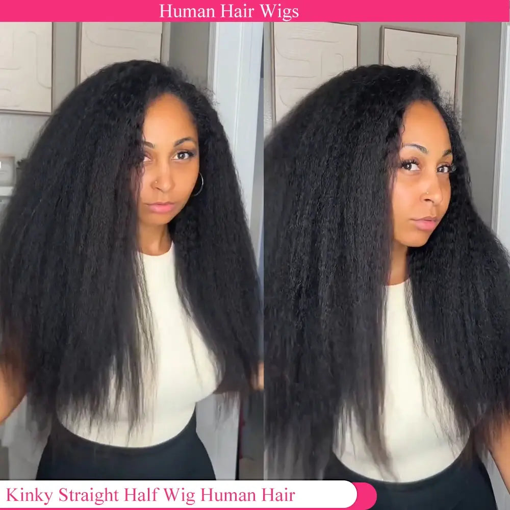 Kinky Straight 3 IN 1 Half Wig Human Hair Glueless Wig Human Hair Ready to Wear Half Wig With Drawstring Seamless Clips 