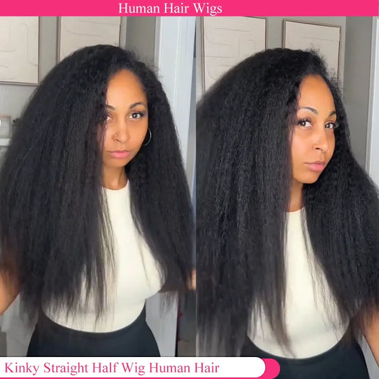 Kinky Straight 3 IN 1 Half Wig Human Hair Glueless Wig Human Hair Ready to Wear Half Wig With Drawstring Seamless Clips 
