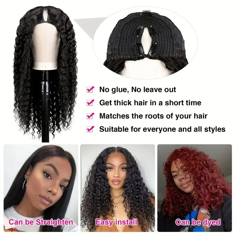 Deep Wave V Part Wig Human Hair No Sew In No Glue 180 Density Natural Color Curly Brazilian Hair For Black Women