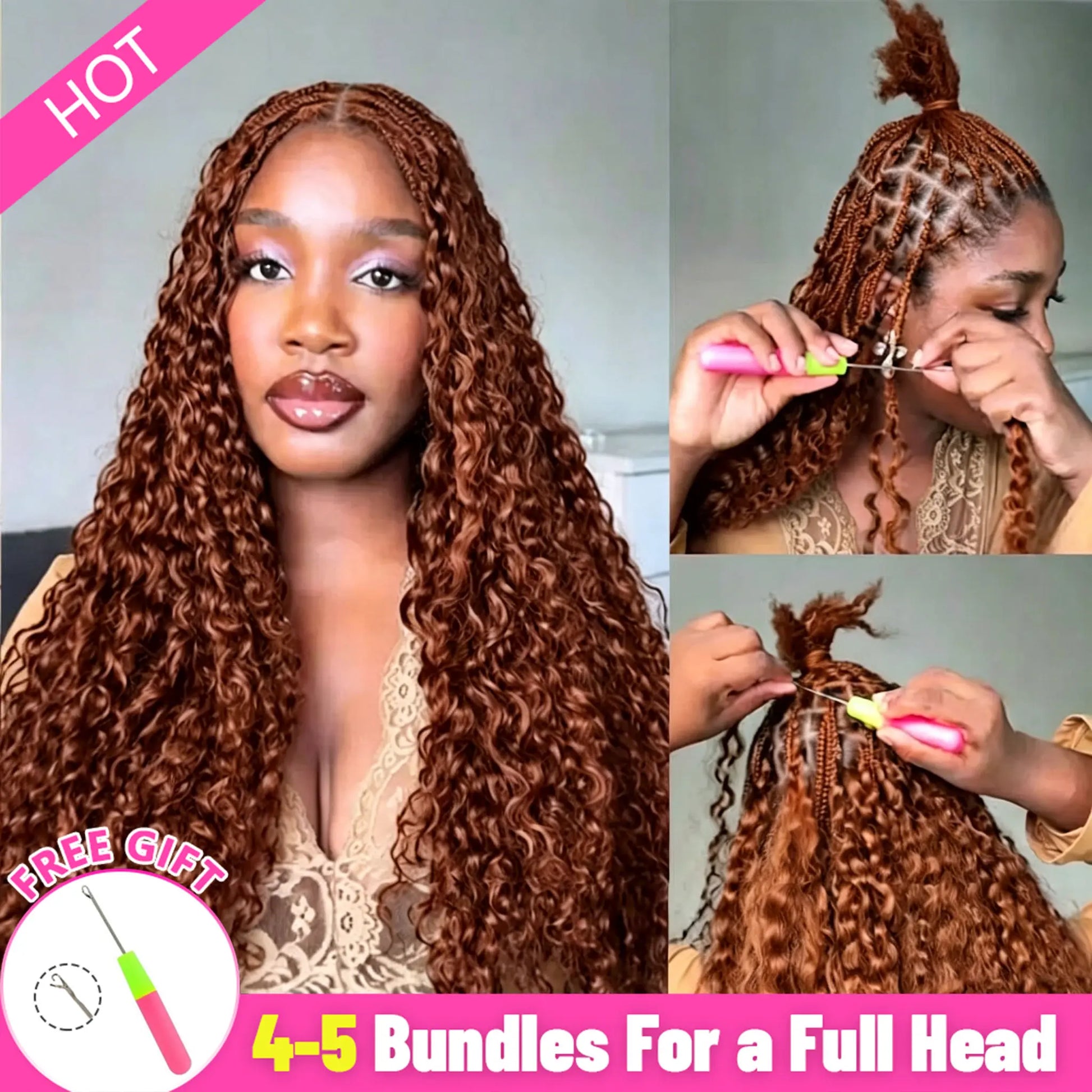 Curly Feather Crochet Human Hair For Braiding Reddish Brown Kinky Curly Invisible Knot PreSeparated Knotless Crochet Hai