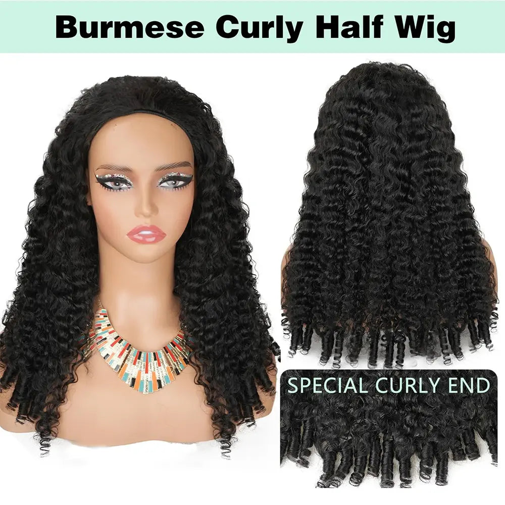 Half Wig Human Hair Burmese Curly 3 In 1 Drawstring Seamless Flip Over Half Wig Wear and Go Glueless Wigs Human Hair