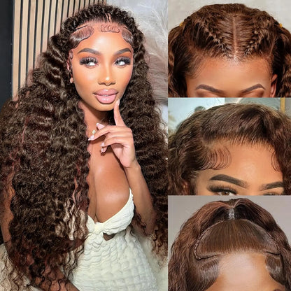 Bling Hair Chocolate Brown Deep Curly 13x4 Lace Front Wig Human Hair Brazilian Deep Wave Wig 13x6 HD Lace Frontal Wig Fo