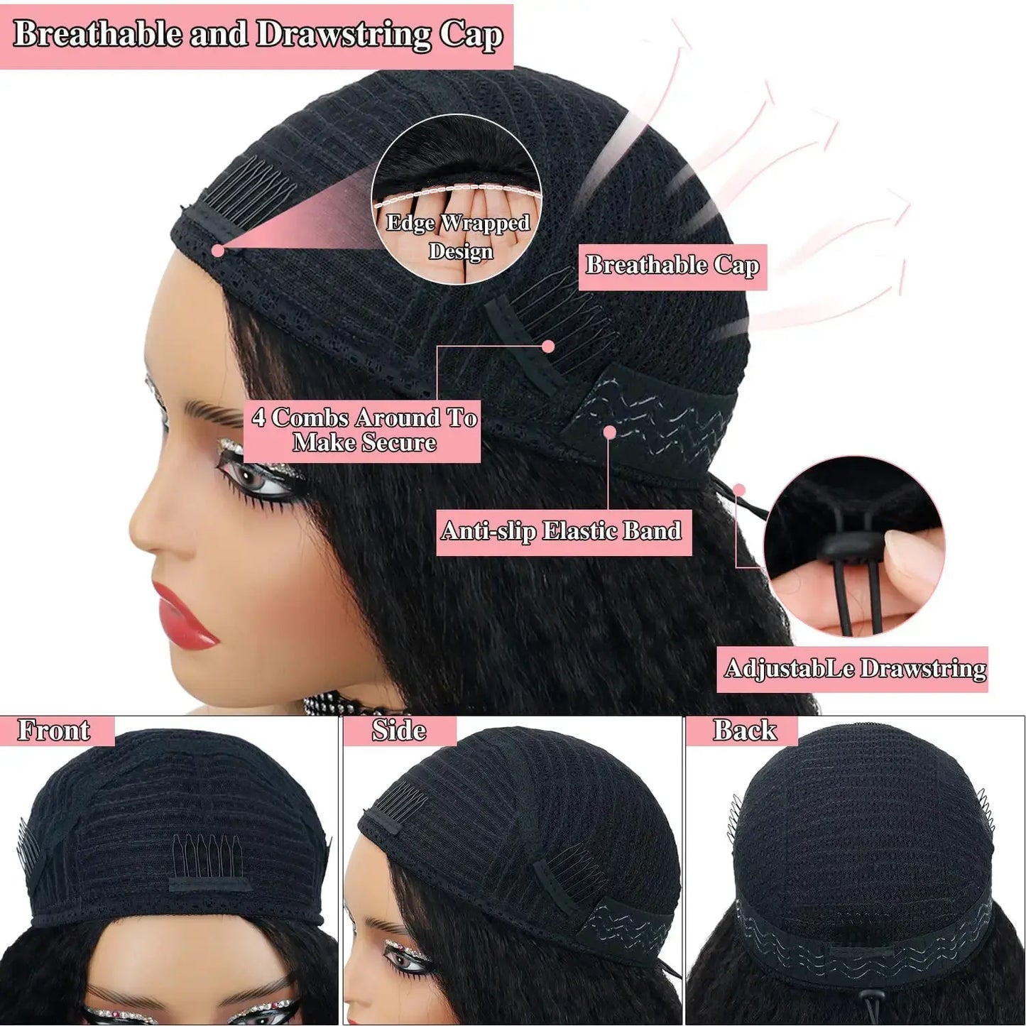 Bling Hair Kinky Straight Adjustable Drawstring 3 IN 1 Half Wigs Wear And Go Human Hair Wig 180% Snug Fit No Leave Out C
