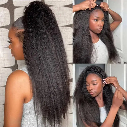 Bling Hair Kinky Straight Adjustable Drawstring 3 IN 1 Half Wigs Wear And Go Human Hair Wig 180% Snug Fit No Leave Out C