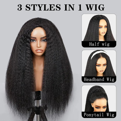 Bling Hair Kinky Straight Adjustable Drawstring 3 IN 1 Half Wigs Wear And Go Human Hair Wig 180% Snug Fit No Leave Out C
