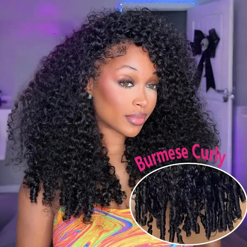 Bling Hair Half Wig Burmese Curly Glueless Human Hair Wigs With Drawstring Seamless Clip 180Density Beginner Friendly Cu