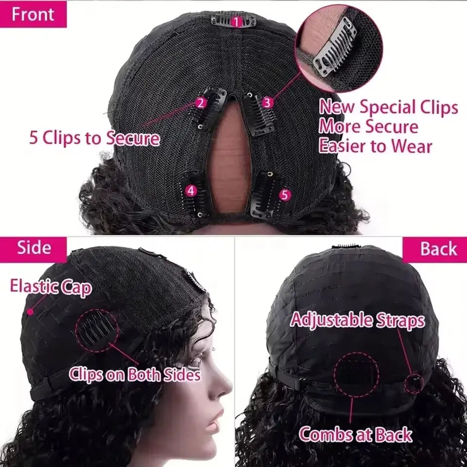 Bling Hair Burmese Curly V Part Wig 180 Density Deep Curly Wave No Leave Out Glueless Machine Made V Shape Wig For Black