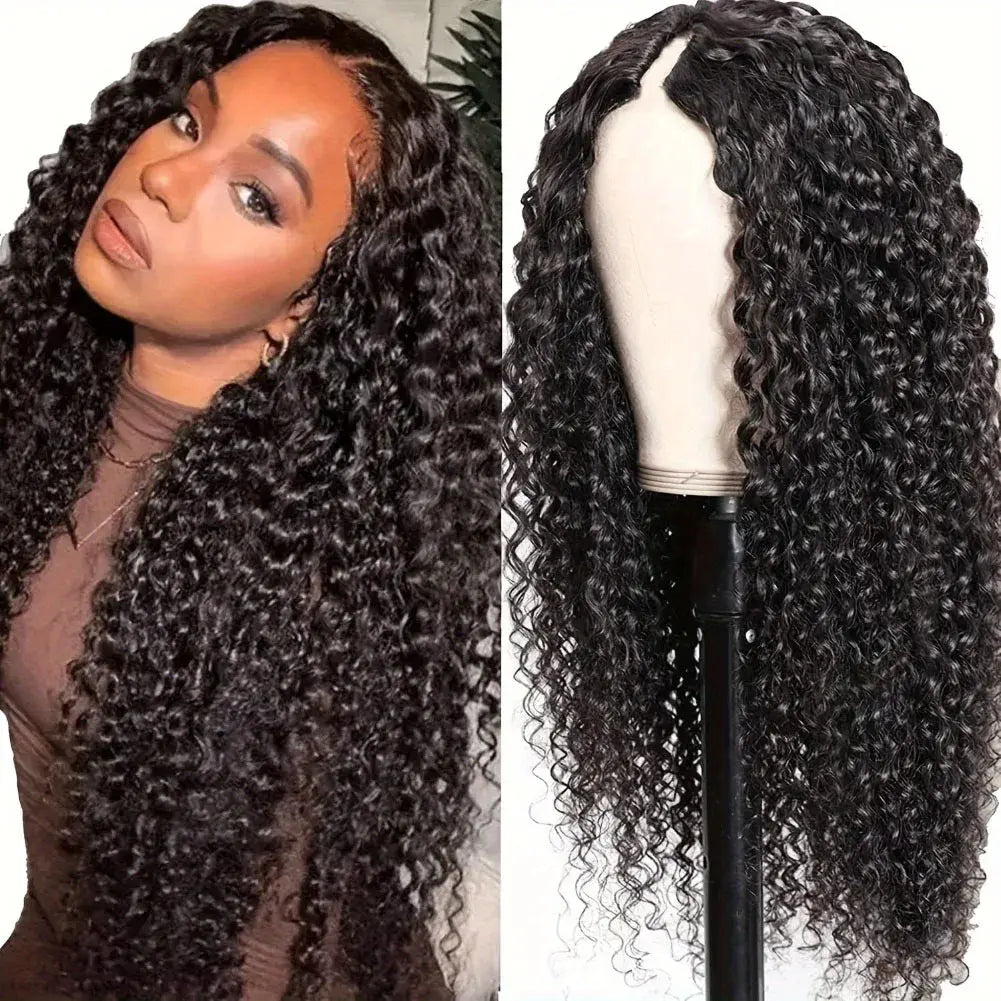 Deep Wave V Part Wig Human Hair No Sew In No Glue 180 Density Natural Color Curly Brazilian Hair For Black Women