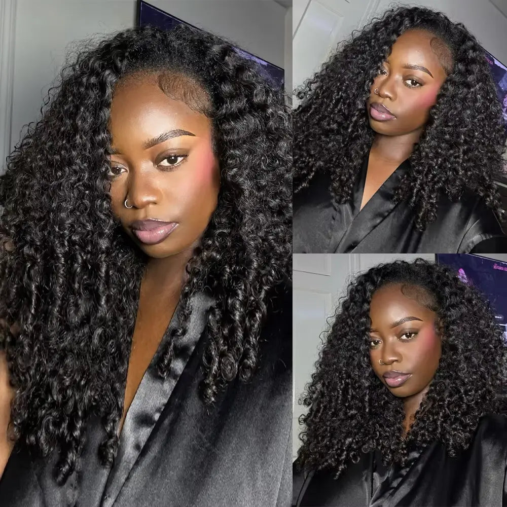 Bling Hair Burmese Curly Human Hair Wig 3 IN 1 Glueless Half Wig With Drawstring Seamless Flip Over Clip Ins Daily Styli