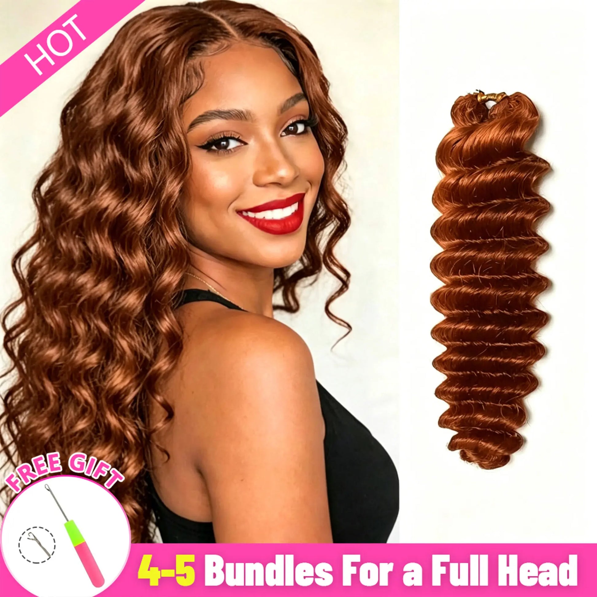 Bling Hair Reddish Brown Deep Wave Knotless Pre-Separated Crochet Hair Extensions Human Hair Drak Ginger Orange Kinky Cu
