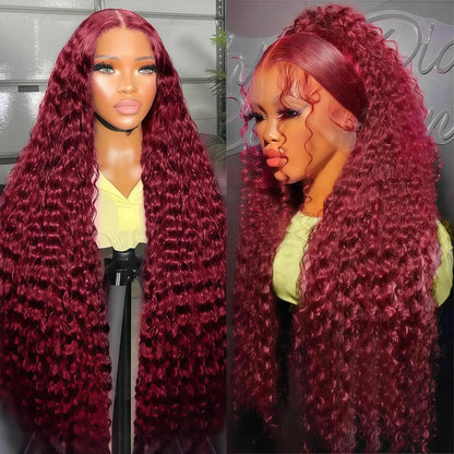 Bling Hair 180 Density 99J Burgundy Deep Wave 13x6 HD Lace Frontal Human Hair Wig Pre plucked Colored Brazilian Deep Wav